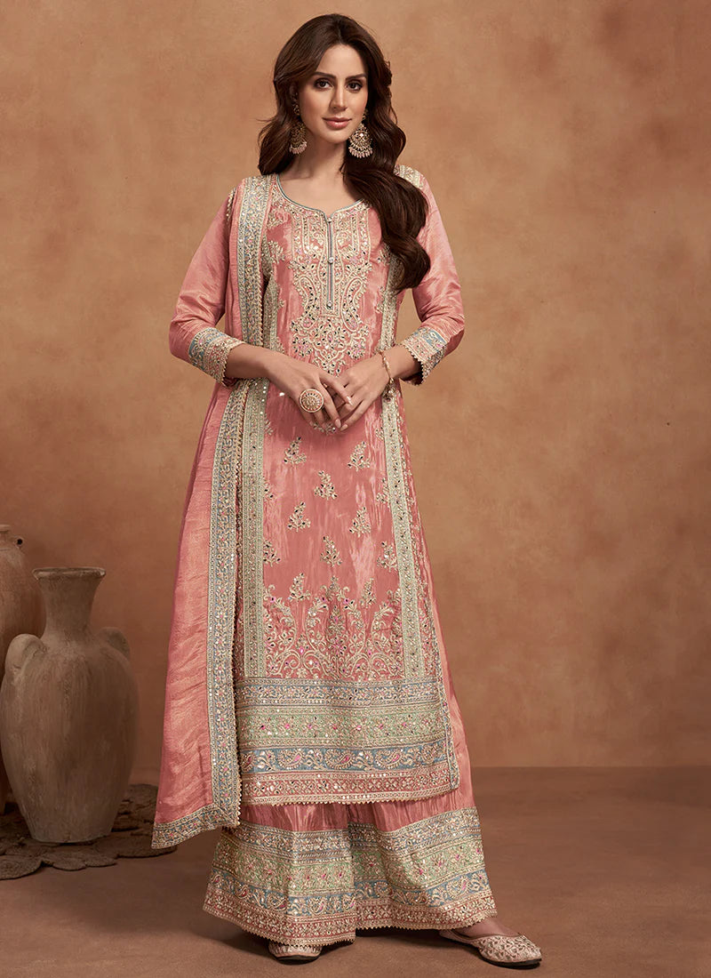 Elegant Peach Multi-Embroidery Palazzo Suit