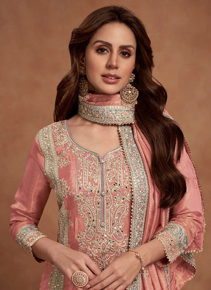 Elegant Peach Multi-Embroidery Palazzo Suit