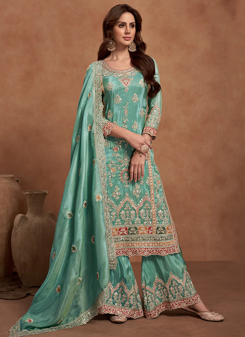 Elegant Sea Green Multi-Embroidery Palazzo Suit