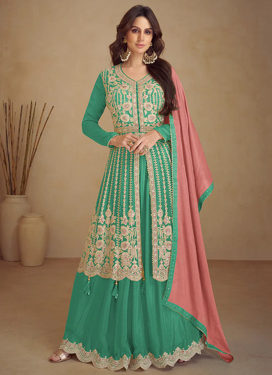 Green & Peach Wedding Lehenga with Anarkali Design and Embroidery