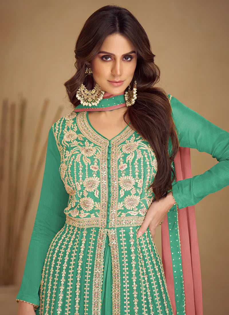 Green & Peach Wedding Lehenga with Anarkali Design and Embroidery