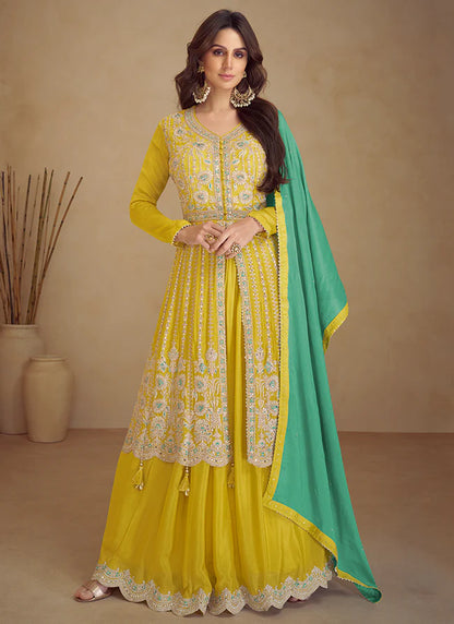 Yellow And Turquoise Wedding Lehenga with Anarkali Design and Embroidery