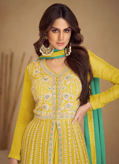 Yellow And Turquoise Wedding Lehenga with Anarkali Design and Embroidery