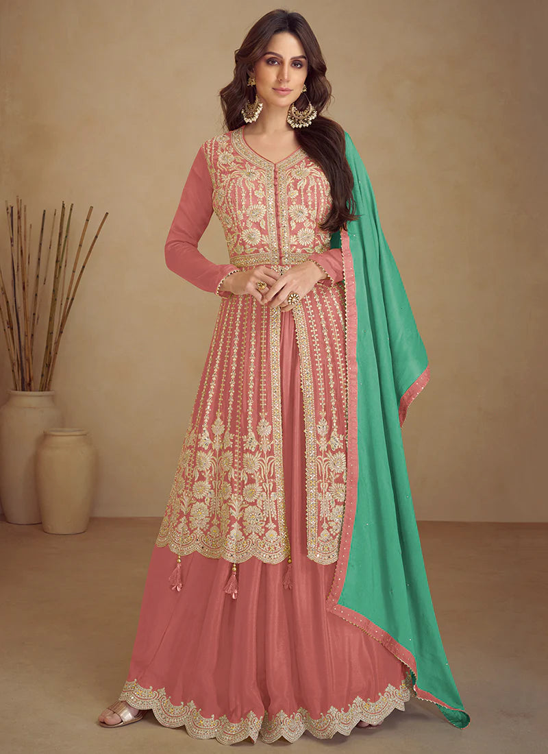 Peach and Green Wedding Lehenga with Anarkali Design and Embroidery