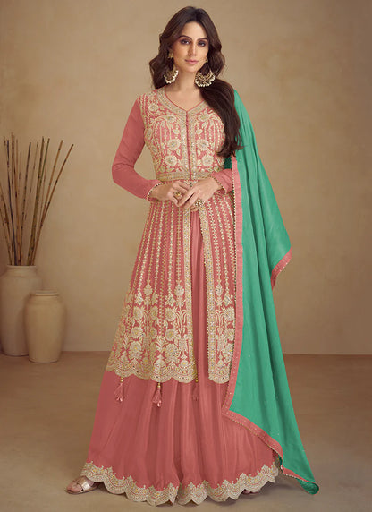 Peach and Green Wedding Lehenga with Anarkali Design and Embroidery