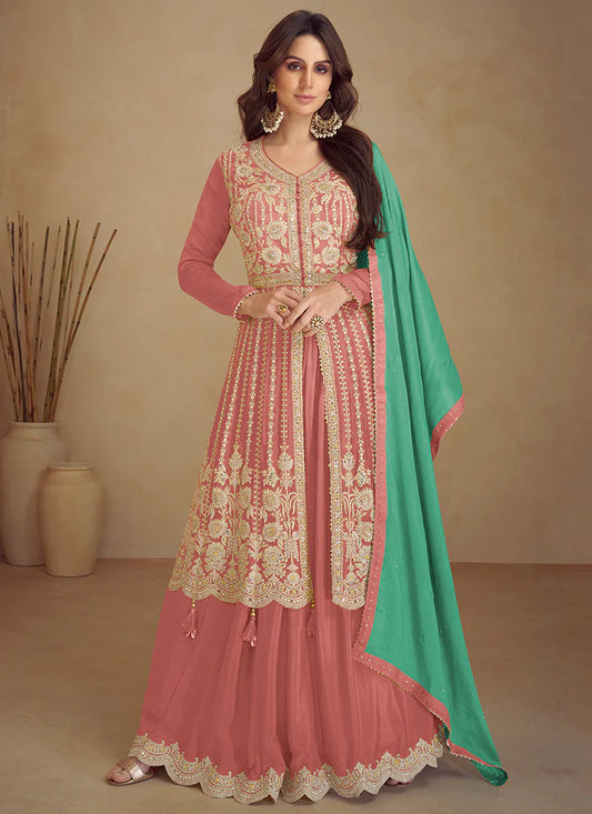 Peach and Green Wedding Lehenga with Anarkali Design and Embroidery