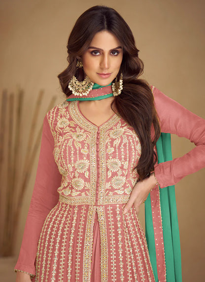 Peach and Green Wedding Lehenga with Anarkali Design and Embroidery