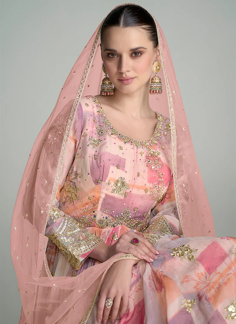 Peach and Pink Anarkali Gown with Digital Prints and Lavish Handwork Embroidery