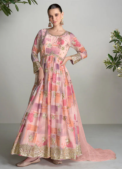 Peach and Pink Anarkali Gown with Digital Prints and Lavish Handwork Embroidery