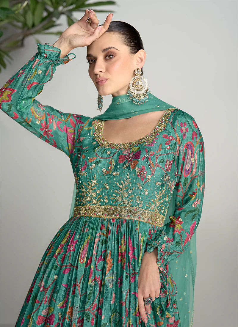 Dark Green Anarkali Gown with Digital Prints and Lavish Handwork Embroidery