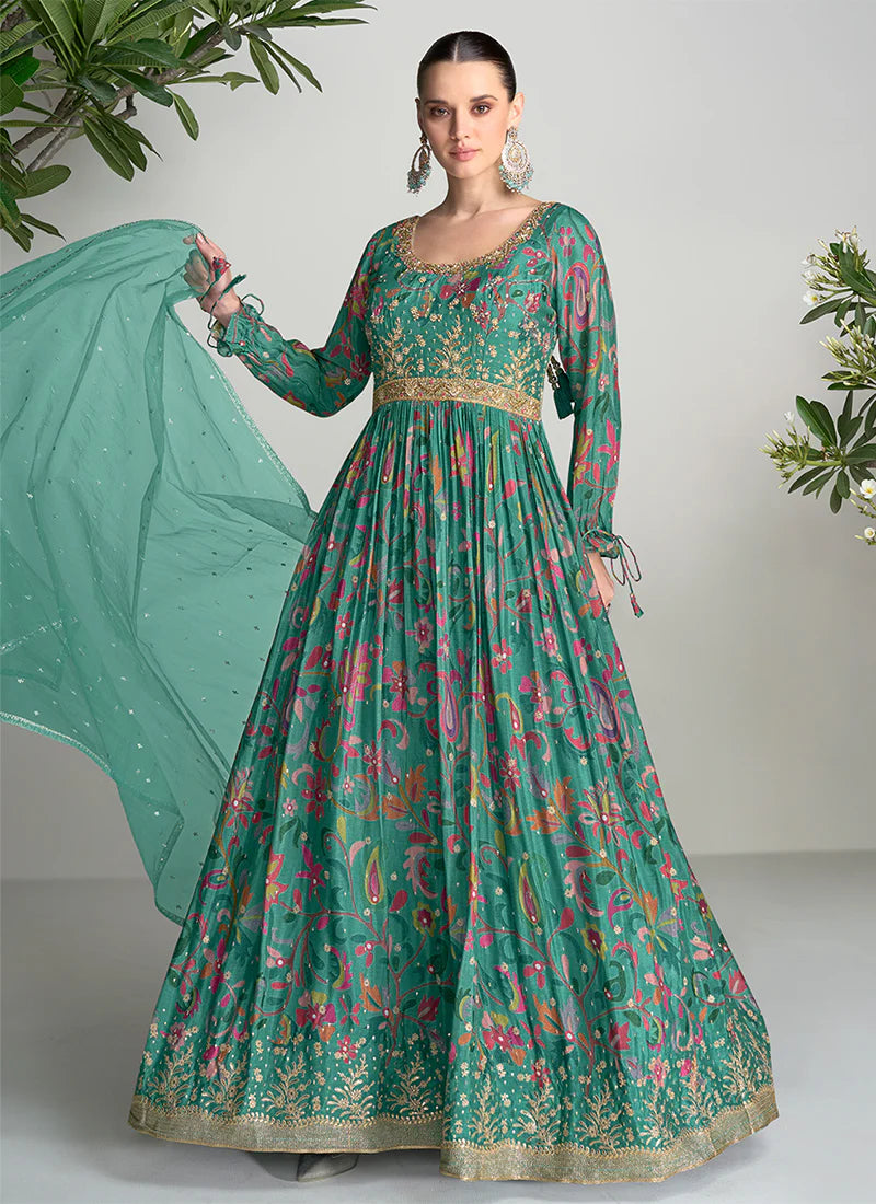 Dark Green Anarkali Gown with Digital Prints and Lavish Handwork Embroidery