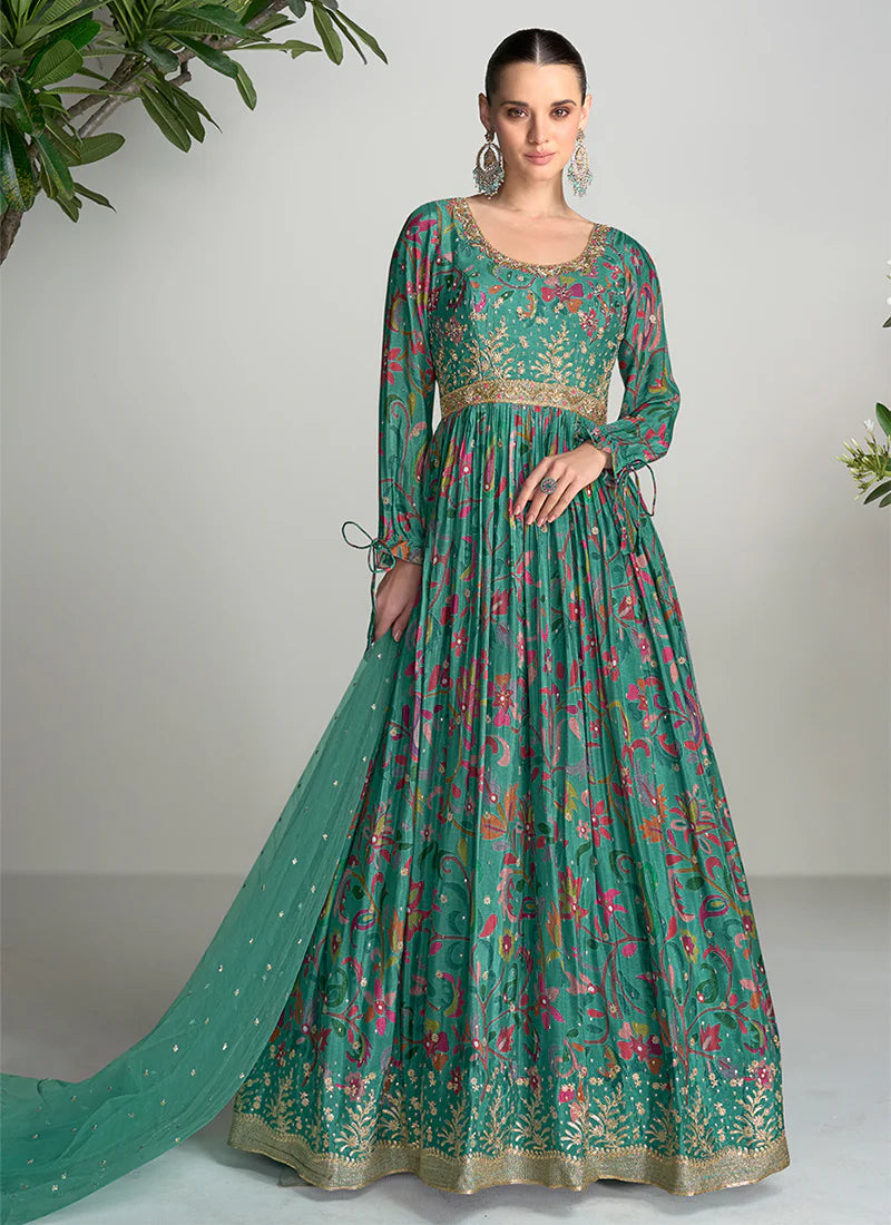 Dark Green Anarkali Gown with Digital Prints and Lavish Handwork Embroidery