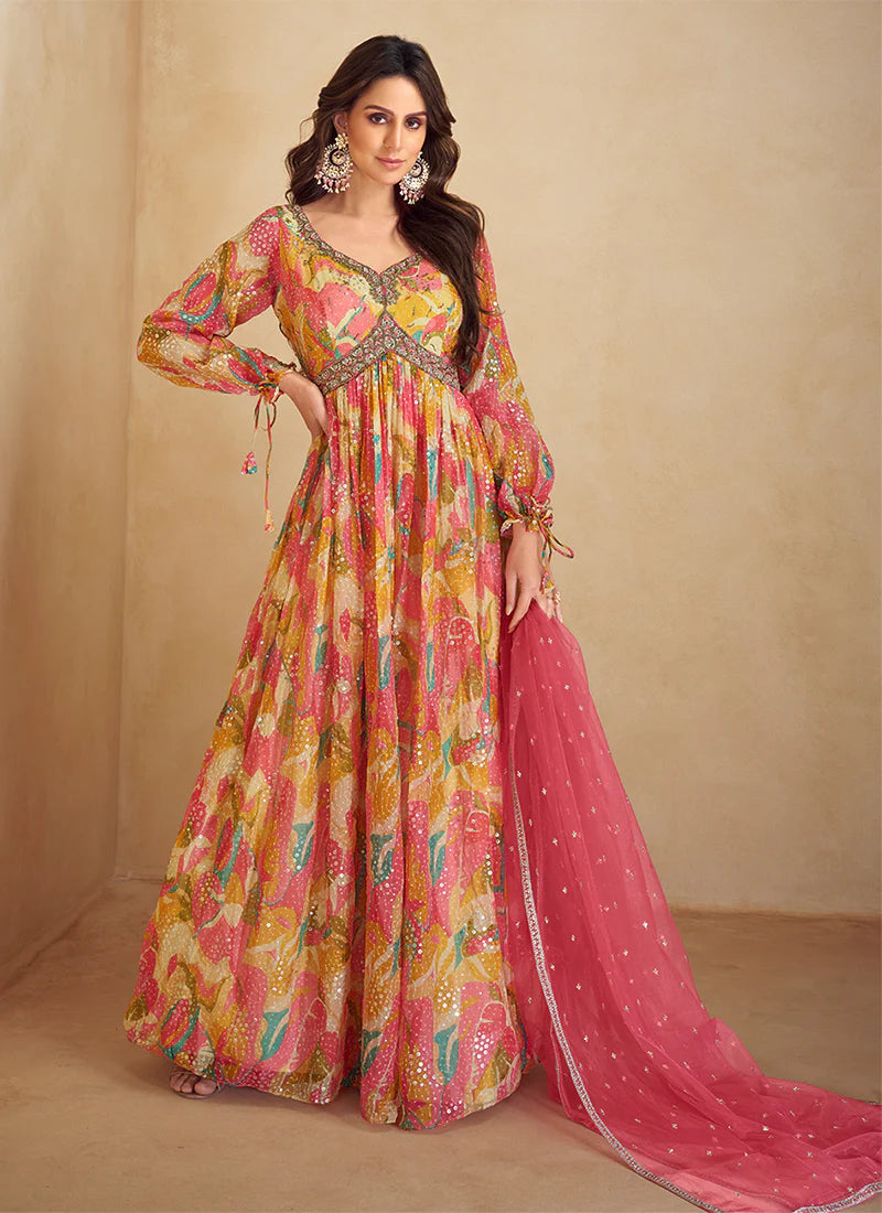 Pink and  Multicolored Anarkali Gown with Digital Prints and Lavish Handwork Embroidery