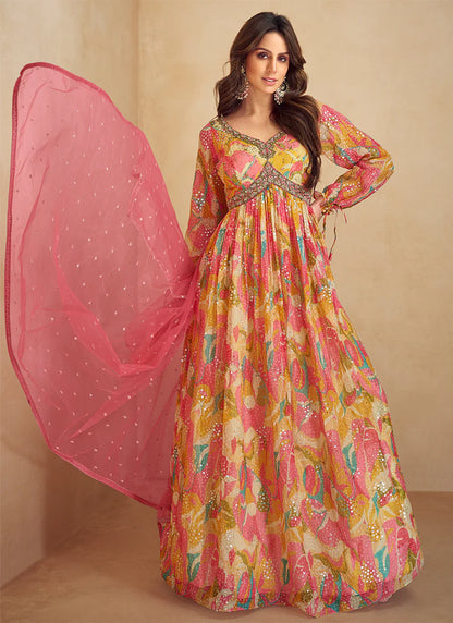 Pink and  Multicolored Anarkali Gown with Digital Prints and Lavish Handwork Embroidery