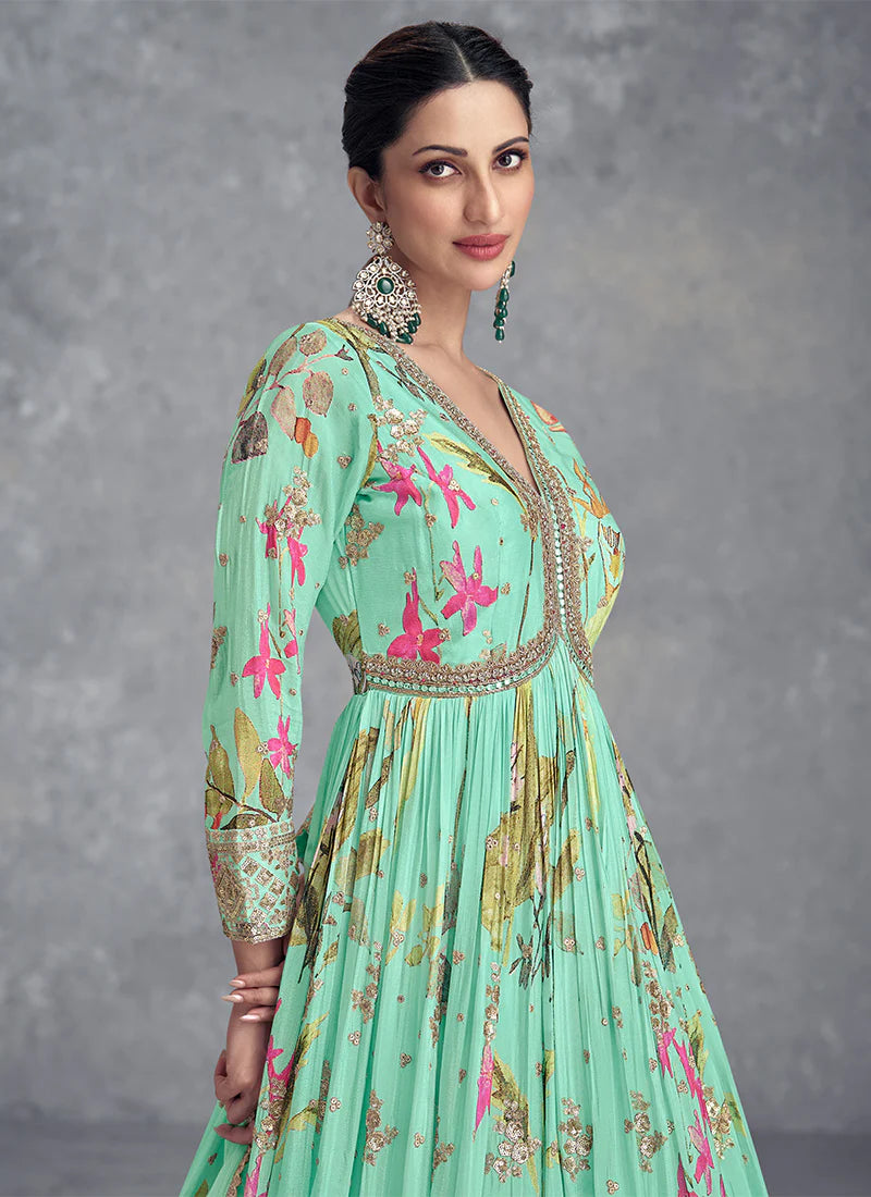 Sea Green Anarkali Gown with Digital Prints and Lavish Handwork Embroidery