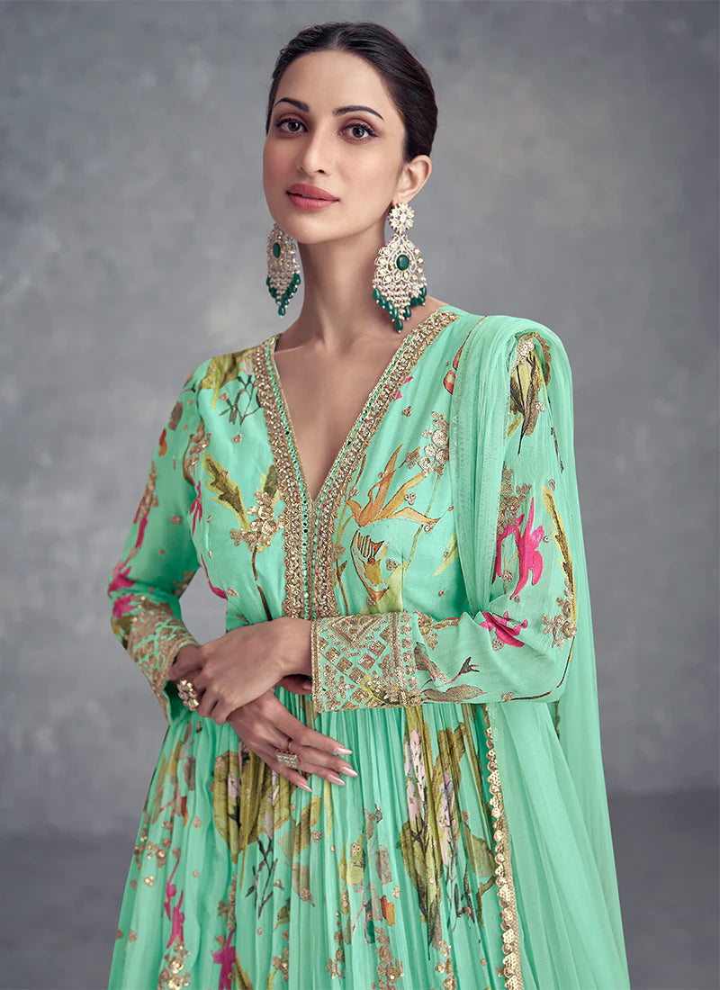 Sea Green Anarkali Gown with Digital Prints and Lavish Handwork Embroidery