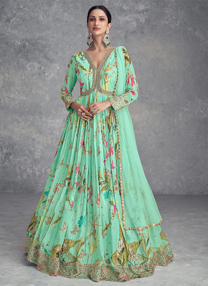 Sea Green Anarkali Gown with Digital Prints and Lavish Handwork Embroidery