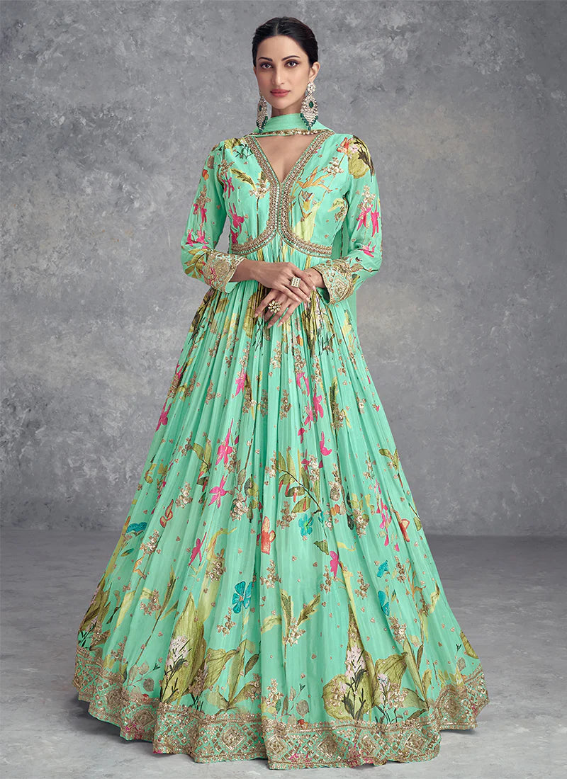 Sea Green Anarkali Gown with Digital Prints and Lavish Handwork Embroidery