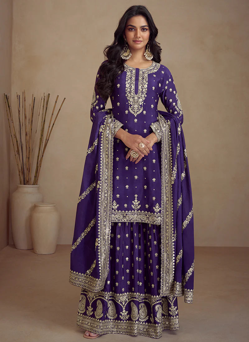 Charming Purple Designer Sharara Suit with Embroidery Details