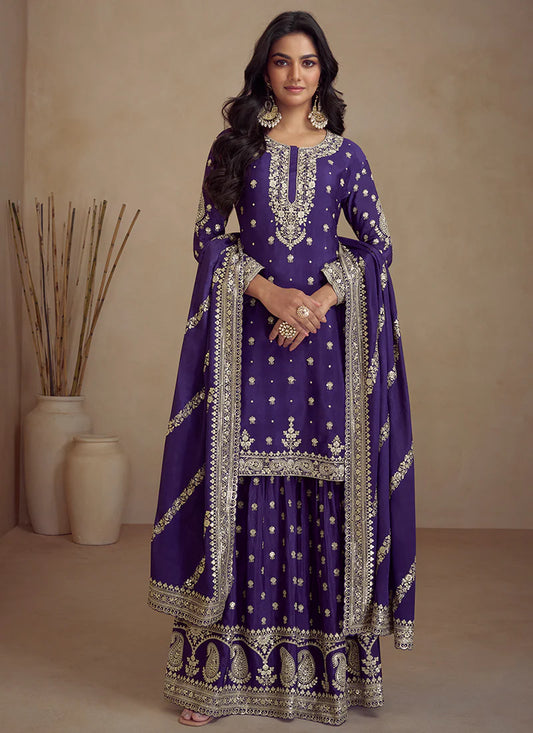 Charming Purple Designer Sharara Suit with Embroidery Details