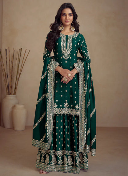 Charming Royal Green Designer Sharara Suit with Embroidery Details