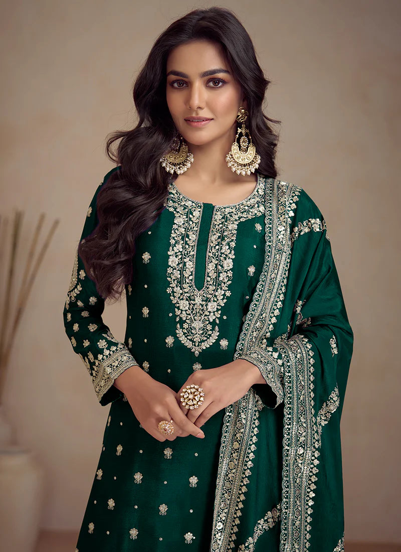 Charming Royal Green Designer Sharara Suit with Embroidery Details