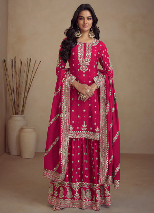 Charming Magenta Designer Sharara Suit with Embroidery Details