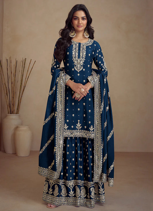 Charming Royal Blue Designer Sharara Suit with Embroidery Details