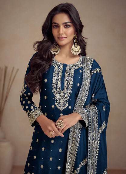 Charming Royal Blue Designer Sharara Suit with Embroidery Details