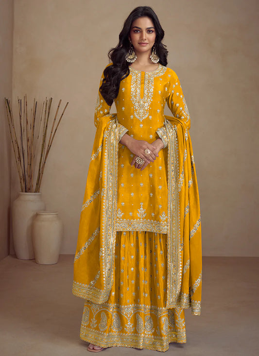 Charming Yellow Designer Sharara Suit with Embroidery Details