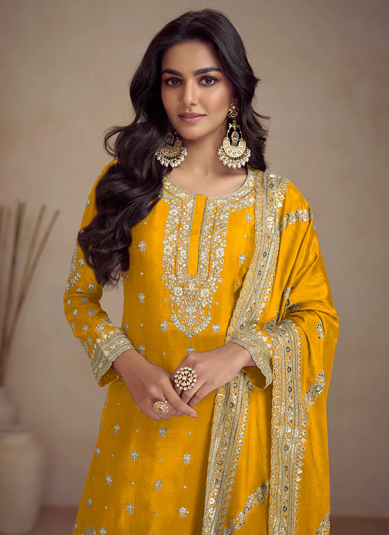 Charming Yellow Designer Sharara Suit with Embroidery Details