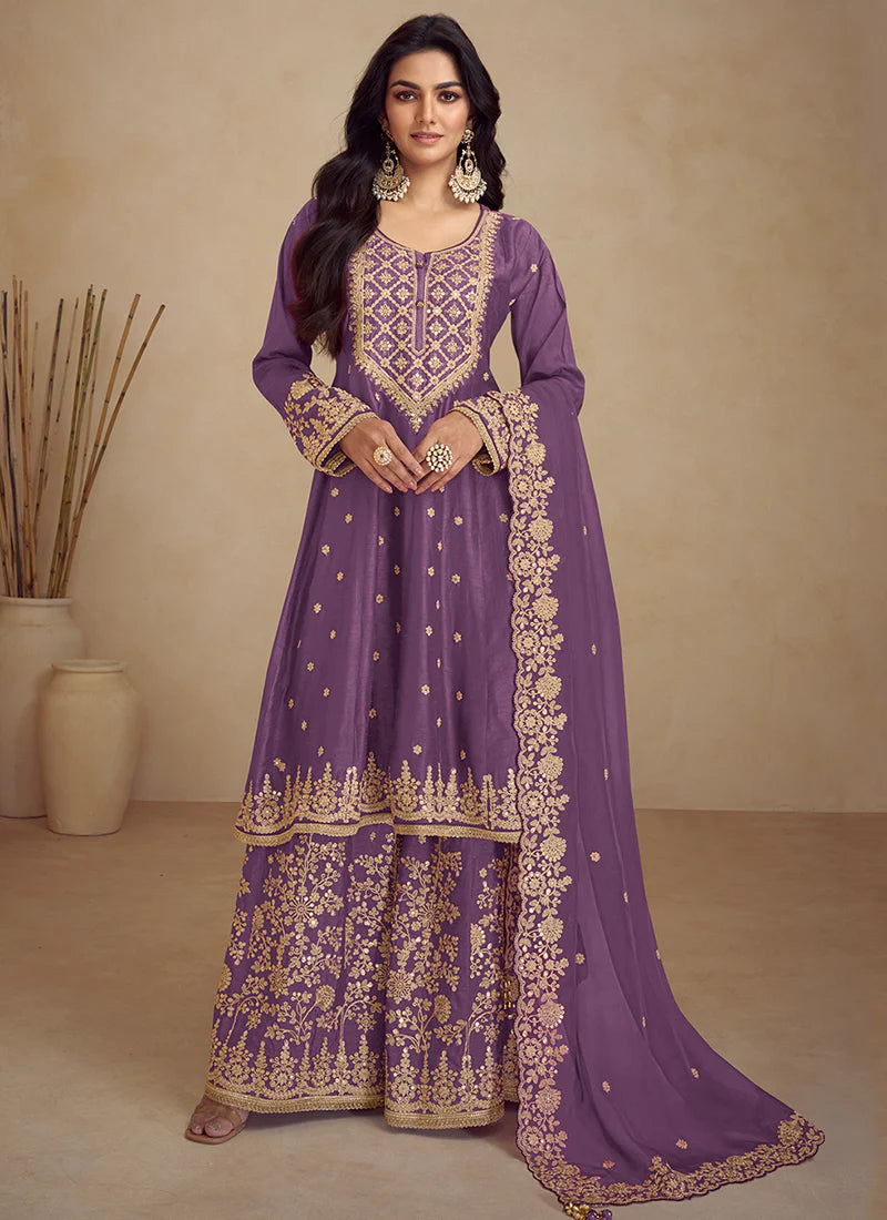 Vibrant Purple Wedding Sharara Suit with Multi-Embroidery