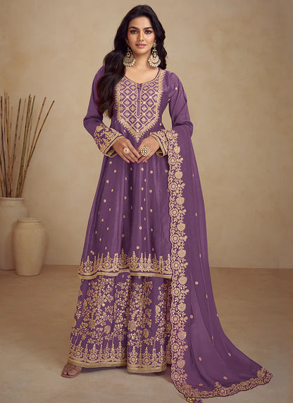 Vibrant Purple Wedding Sharara Suit with Multi-Embroidery