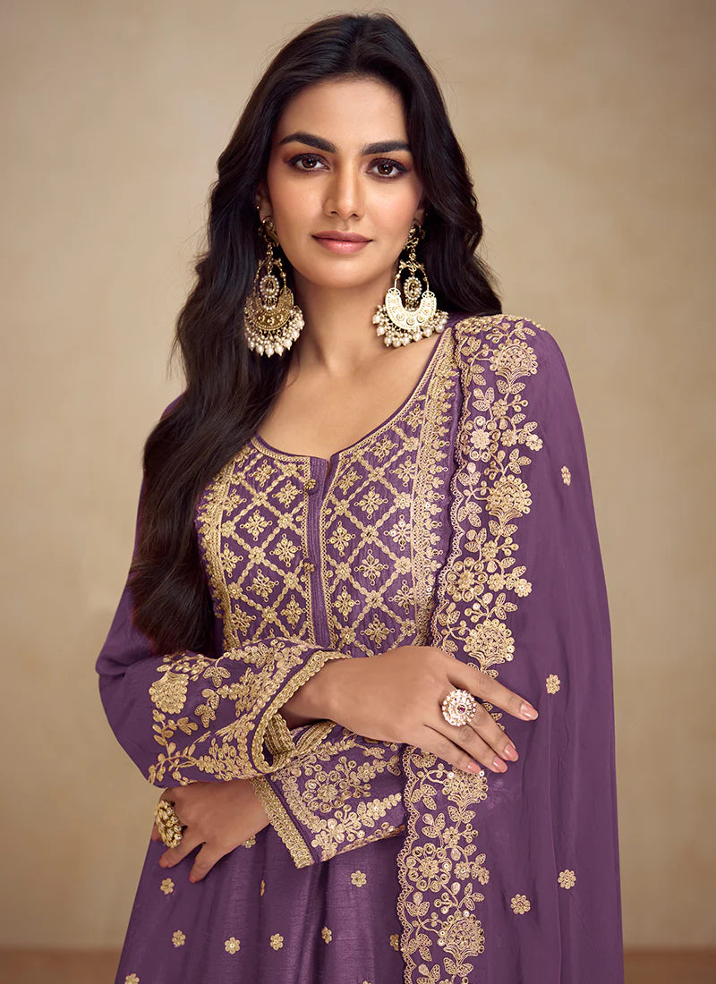 Vibrant Purple Wedding Sharara Suit with Multi-Embroidery