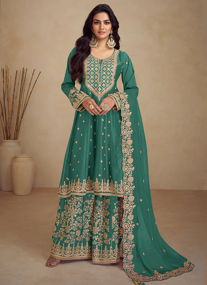 Vibrant Green Wedding Sharara Suit with Multi-Embroidery