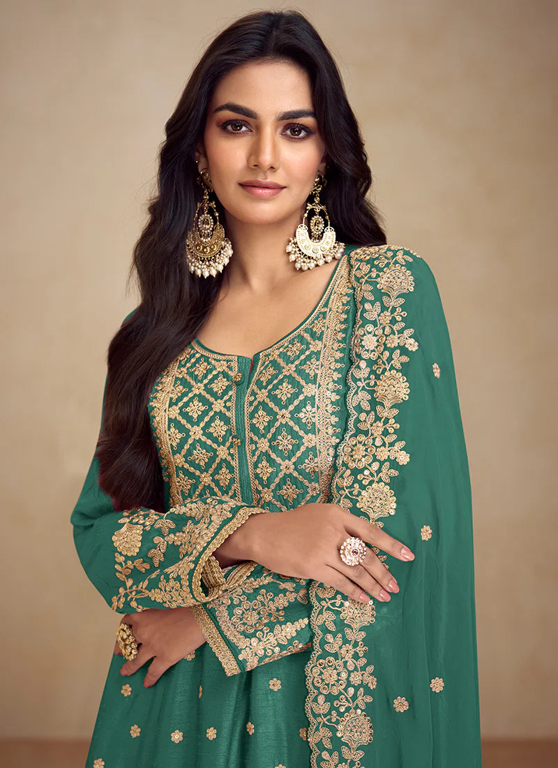 Vibrant Green Wedding Sharara Suit with Multi-Embroidery