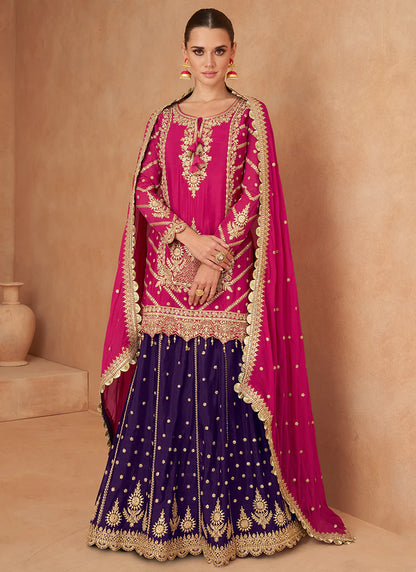 Magenta and Purple Lehenga Kurti with Embroidery work