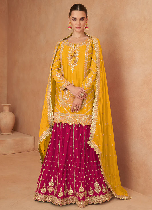 Yellow and Magenta Lehenga Kurti with Embroidery Wear