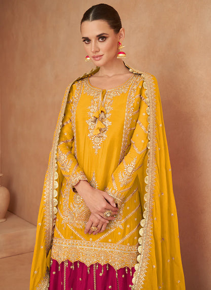 Yellow and Magenta Lehenga Kurti with Embroidery Wear