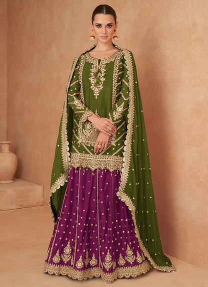 Green and Purple Lehenga Kurti with Embroidery Wear