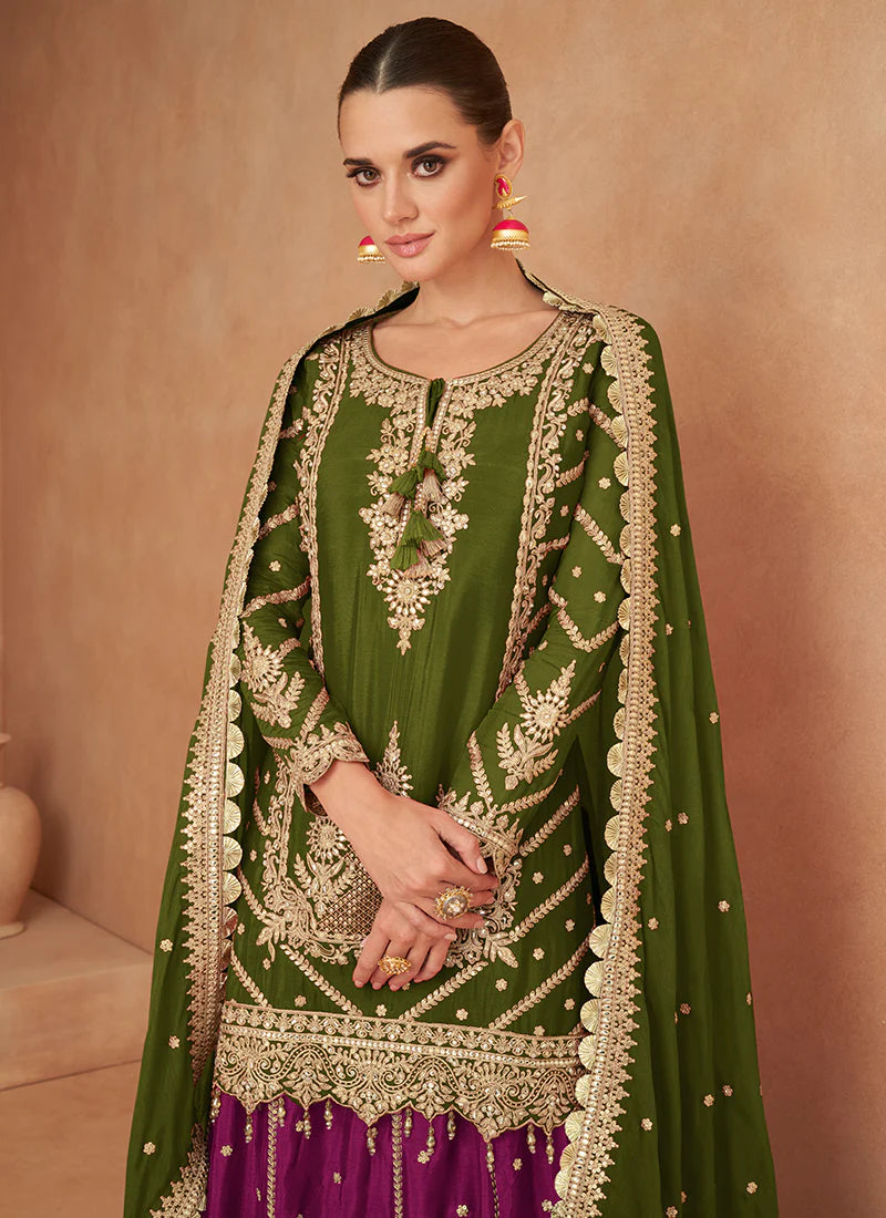 Green and Purple Lehenga Kurti with Embroidery Wear