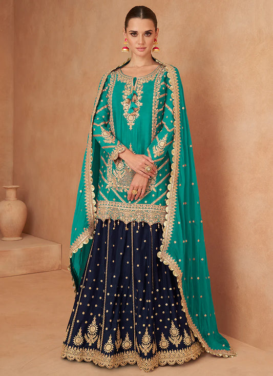 Turquoise and Blue Lehenga Kurti with Embroidery Wear