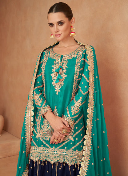 Turquoise and Blue Lehenga Kurti with Embroidery Wear