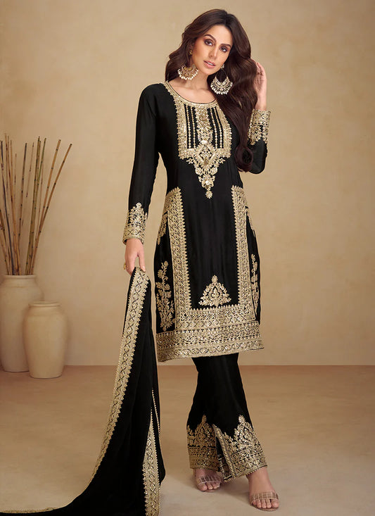 Elegant Black and Gold Embroidered Pakistani Pant Suit