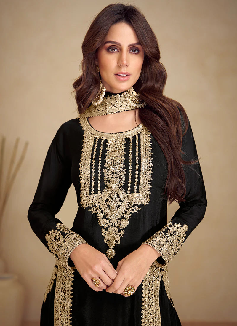 Elegant Black and Gold Embroidered Pakistani Pant Suit