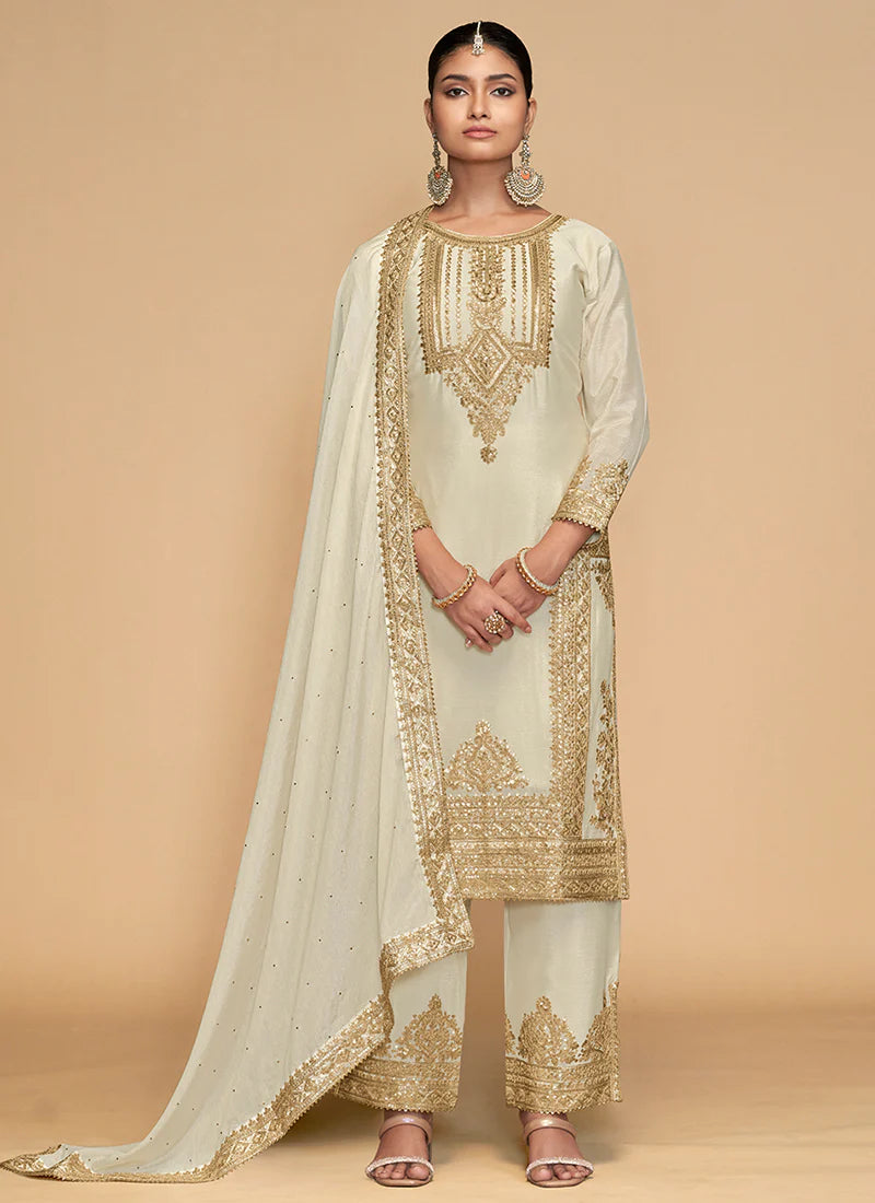 Elegant Off White and Golden Embroidered Pakistani Pant Suit