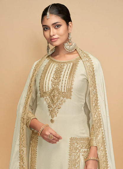 Elegant Off White and Golden Embroidered Pakistani Pant Suit