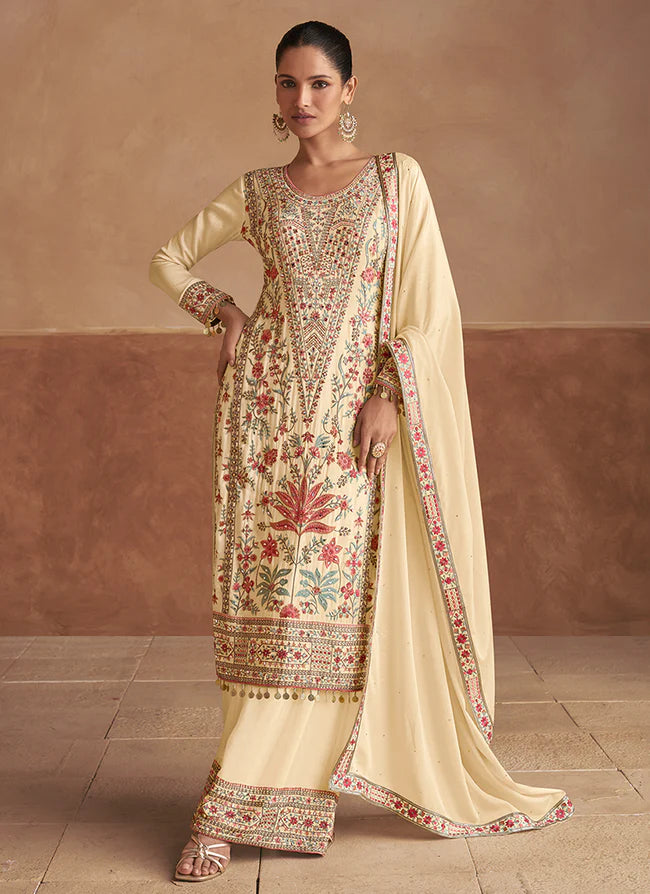 Elegant Beige Palazzo Suit with Multicolor Embroidery