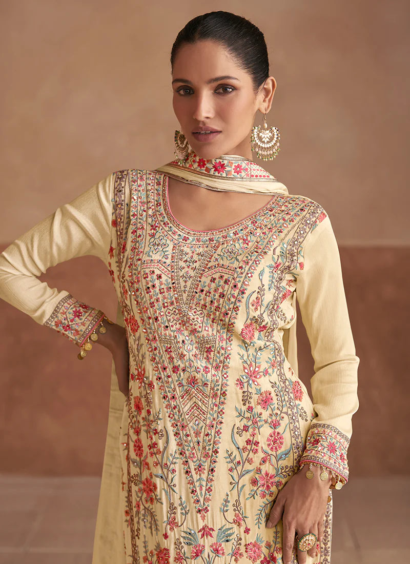 Elegant Beige Palazzo Suit with Multicolor Embroidery