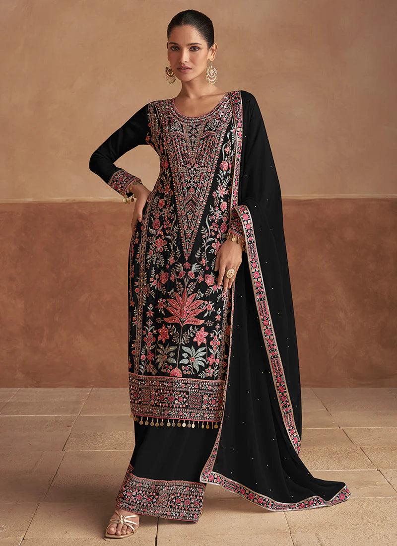 Elegant Black Palazzo Suit with Multicolor Embroidery